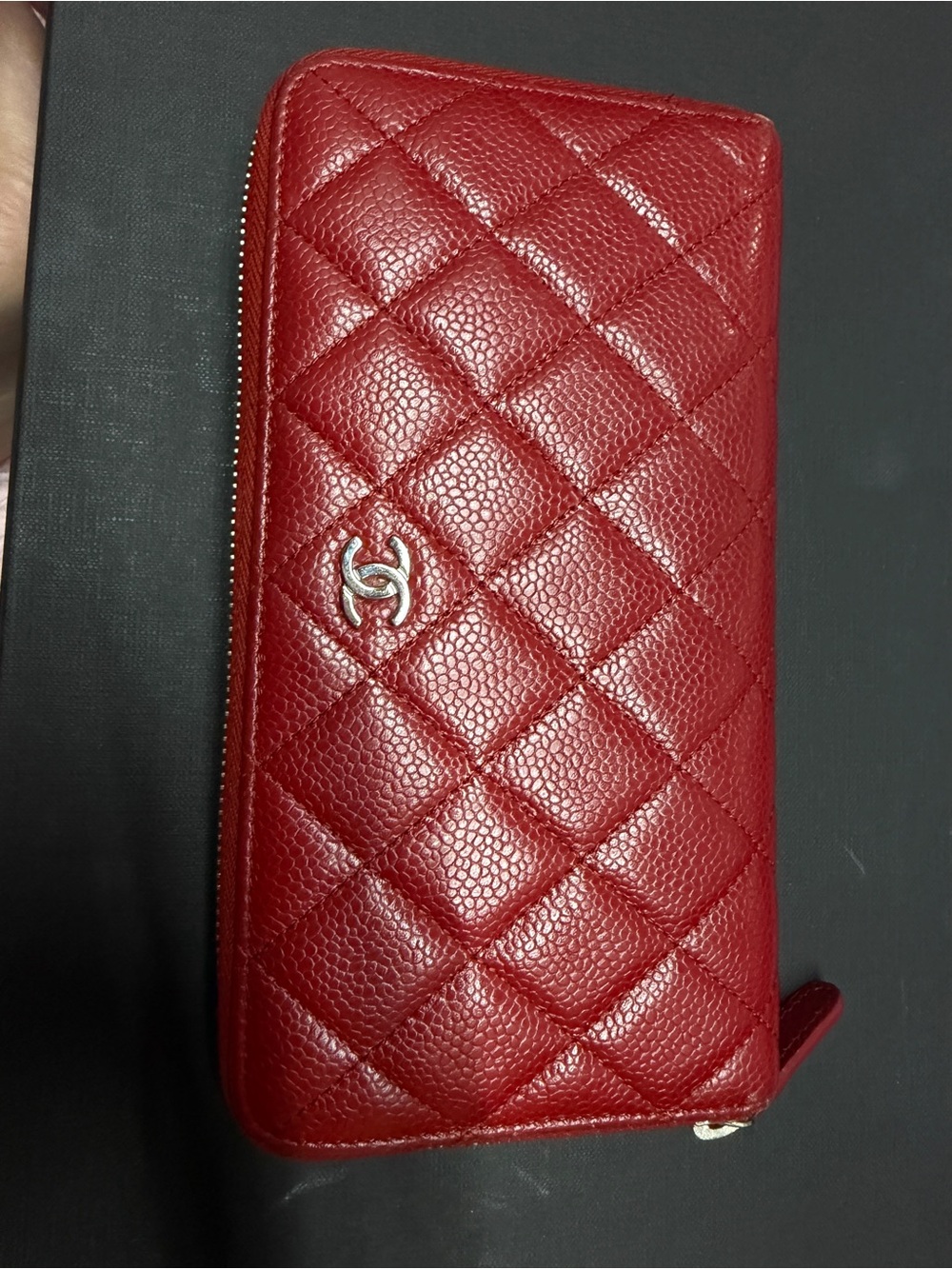 CHANEL Red Quilted Zip Wallet with Silver CC Emblem